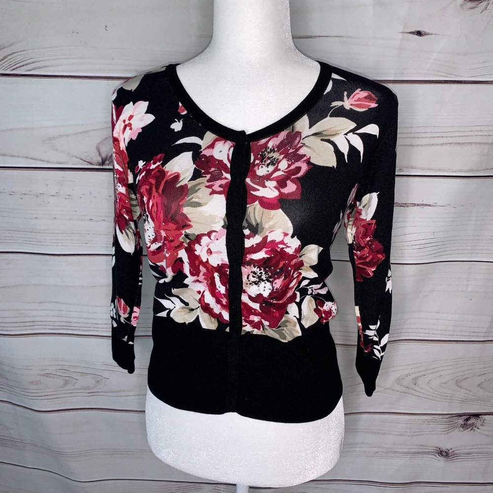White House Black Market Black Floral Cardigan with Red and Cream Blooms